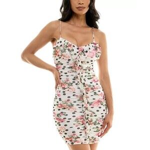 BCX Women Juniors' Mixed-Print Ruched Ruffled Bodycon Dress White multi Small